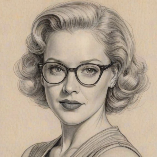 Appealing Penelope Ann Miller, pencil sketch, portrait of Delightful woman 1937s in glasses, hair style beatnik, outline, clear lines, fine lines, 8k