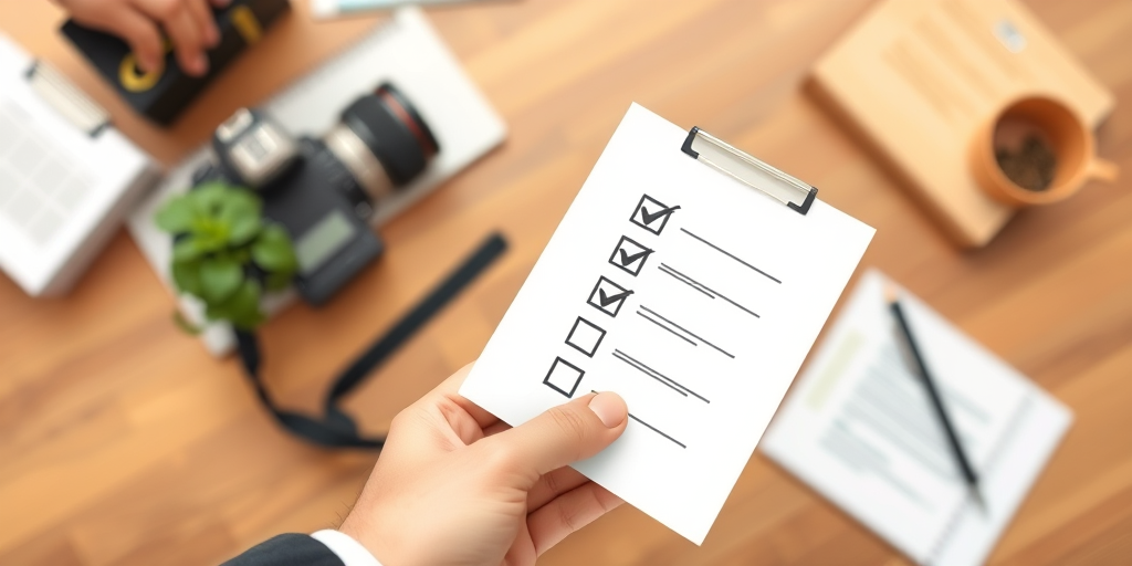 create an illustration of a hand holding a checklist with checkmarks and a pencil in a business style setting, use a DSLR camera with a 50mm lens, aperture set to f/2.8 for a shallow depth of field, capture from a top-down angle with a soft-focus background to enhance the subject sharpness.