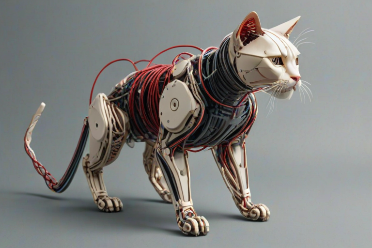 a wired-cyborg cat - made of wires, cables technical parts and beige/red cyberpunk elements