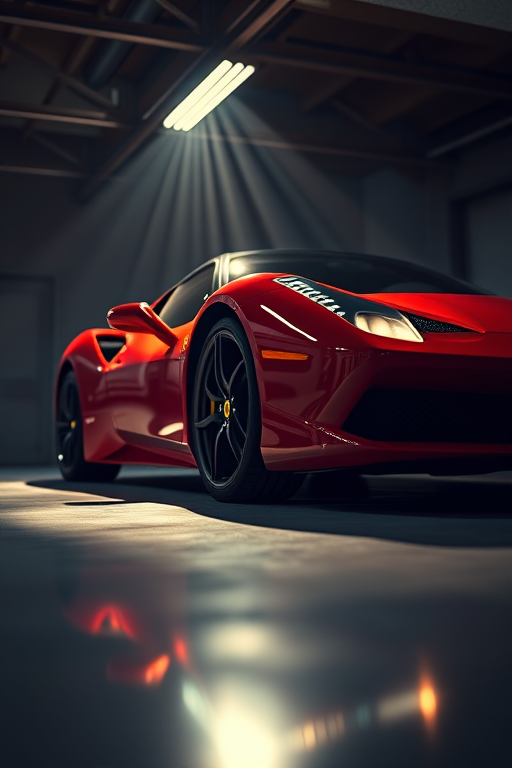 highly detailed image of a red Ferrari 458 Italia in a dimly lit garage with strong light rays and reflections on the floor, shot with a Canon EOS R5 at f/1.8, ISO 100, 24mm lens, using a slight low angle view for dramatic effect, focus on the car's front and side, with a shallow depth of field for a cinematic look