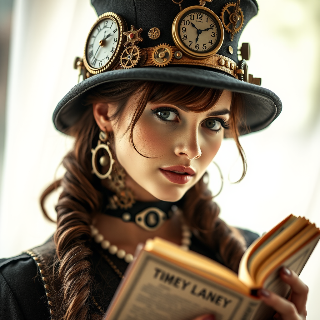 Create a steampunk-themed portrait of a woman with intricate clockwork accessories, wearing a hat adorned with gears and a clock, holding an open book, captured in soft natural light with a shallow depth of field, using a 50mm lens at f/1.8, ISO 200, and a DSLR camera, with a vintage style.