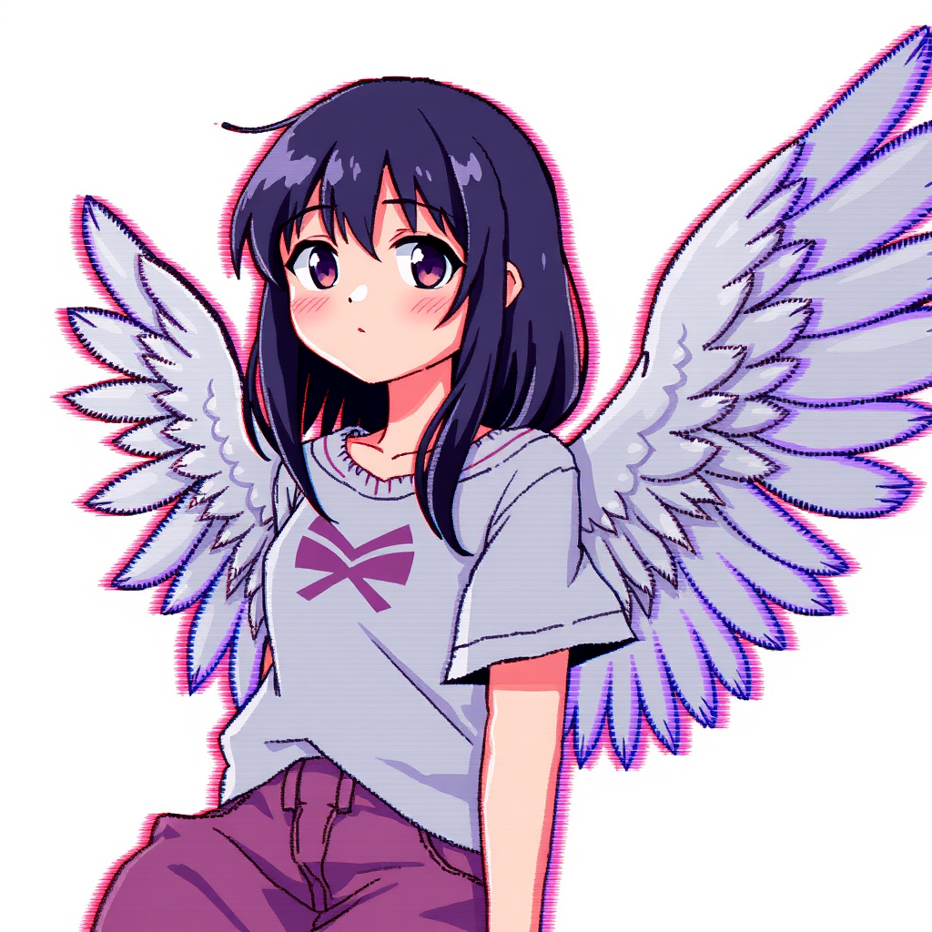 1girl, pixelated, limited palette, glitch, glitching, glitch art, scanlines, chromatic aberration, wings, casual clothes, feathers
