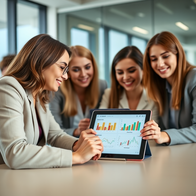 Create a close-up shot of four professionals in a modern conference room, focused on a tablet displaying colorful graphs, with soft natural lighting, using a Canon EOS R5, 50mm lens, aperture f/2.8, ISO 100, shallow depth of field to enhance details and clarity.
