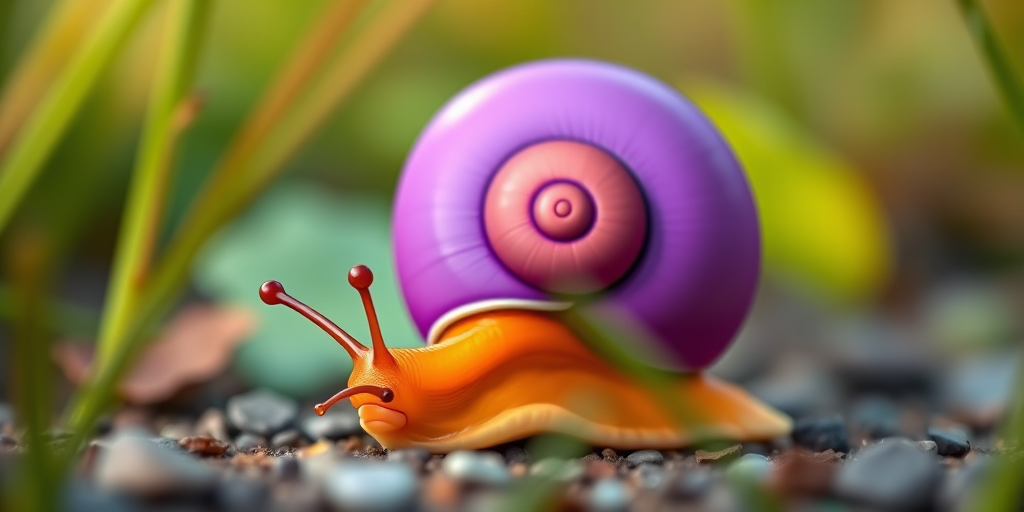 Create a vibrant cartoon-style image of a snail with a bright orange body and a large purple spiral shell, focusing on a close-up view with a 50mm lens, f/2.8 aperture, natural light, and a shallow depth of field for enhanced clarity and color saturation.