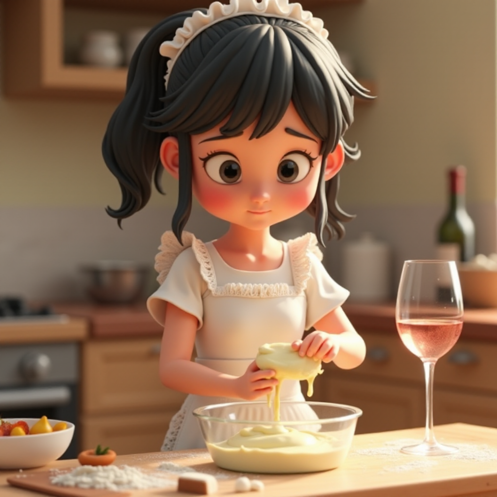 A Pixar-style CGI girl with black hair and black eyes wearing a white apron with lace stands in a kitchen and kneads cake batter. There is flour dust in the air, a glass of wine on the table and the cake ingredients are scattered around. 3D, with "ipic ai" text at the back
