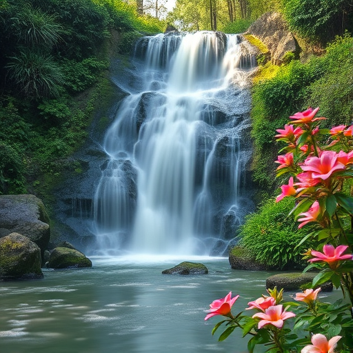 generate a hyper-realistic image of a serene waterfall surrounded by lush greenery and vibrant flowers, use a Canon EOS R5 with a 24-70mm f/2.8 lens, shoot in Aperture Priority mode at f/8, ISO 100, with a 1/250s exposure, focus on capturing the intricate details of the flora and the flowing water in soft morning light, composition should include a foreground element to create depth