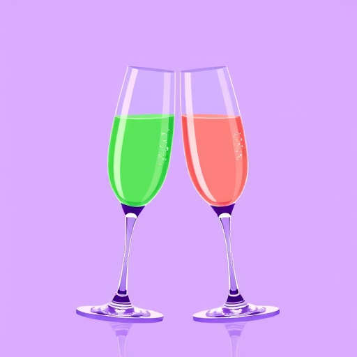 Create an illustration of two champagne glasses clinking, one green and one purple, in a minimalist style, using a 50mm lens, f/2.8 aperture, ISO 100, with soft natural lighting and a shallow depth of field for enhanced detail.