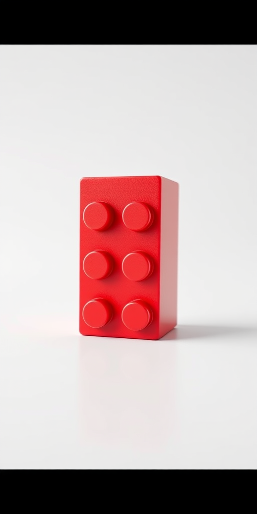 Create a 3D rendering of a red Lego brick with a smooth surface and clear reflections, positioned on a white background, using a DSLR camera with a 50mm lens at f/2.8 aperture, ISO 100, and a shutter speed of 1/125s, shot from a low angle to emphasize depth and texture.
