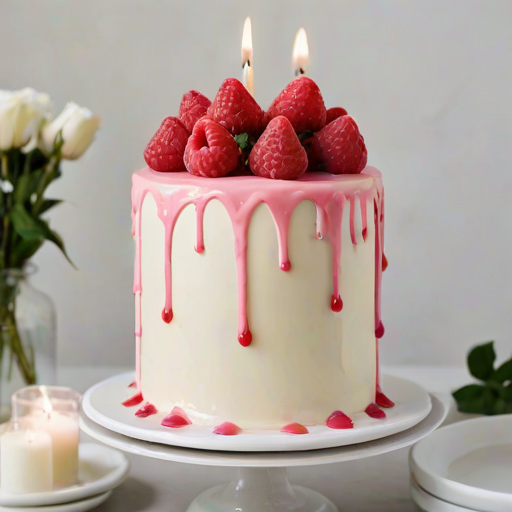 Create an elegant three-tiered cake adorned with fresh raspberries and delicate pink roses. Incorporate a glossy raspberry sauce dripping down the tiers. Place the cake on a white plate with a minimalist background featuring tall white candles for a sophisticated touch.