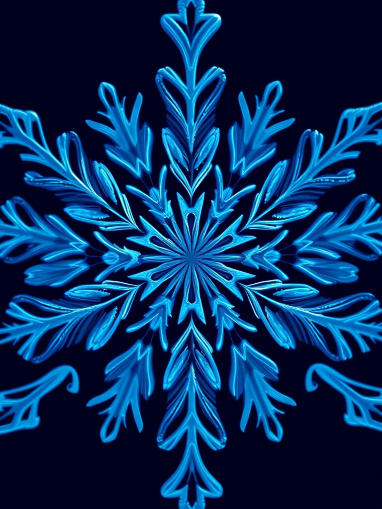 Create a detailed digital illustration of a snowflake design with varying shades of blue, featuring intricate geometric patterns, using a high-resolution setting at 300 DPI, shot with a macro lens on a digital SLR camera, from a top-down view to emphasize depth and detail in the structure.