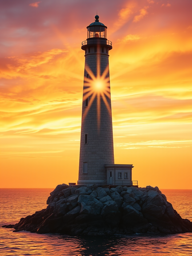 Generate an image of a tall lighthouse perched on a rocky outcrop surrounded by calm ocean waters during a breathtaking sunset. The lighthouse stands sturdy and weathered, its stone surface illuminated by the warm golden light of the setting sun. The sun's rays pass directly through the glass lantern room at the top of the lighthouse, casting a brilliant light across the scene. The sky is painted with vibrant shades of orange, pink, and purple, reflecting off the tranquil sea. The surrounding water shimmers with the same warm hues, creating a serene and majestic atmosphere.