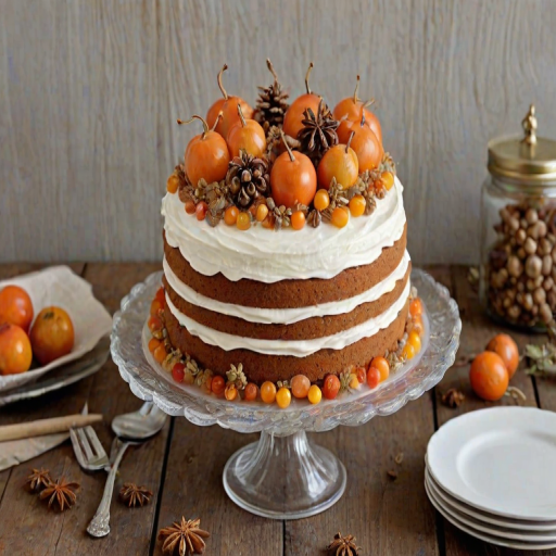 Create a three-layer round cake with smooth white frosting and decorative elements on top. Use a simple spiral design for the frosting on each layer. Add a variety of edible decorations, including golden berries, star anise, and a few husked physalis fruits. Place the cake on a clear glass cake stand and set it against a rustic wooden background.