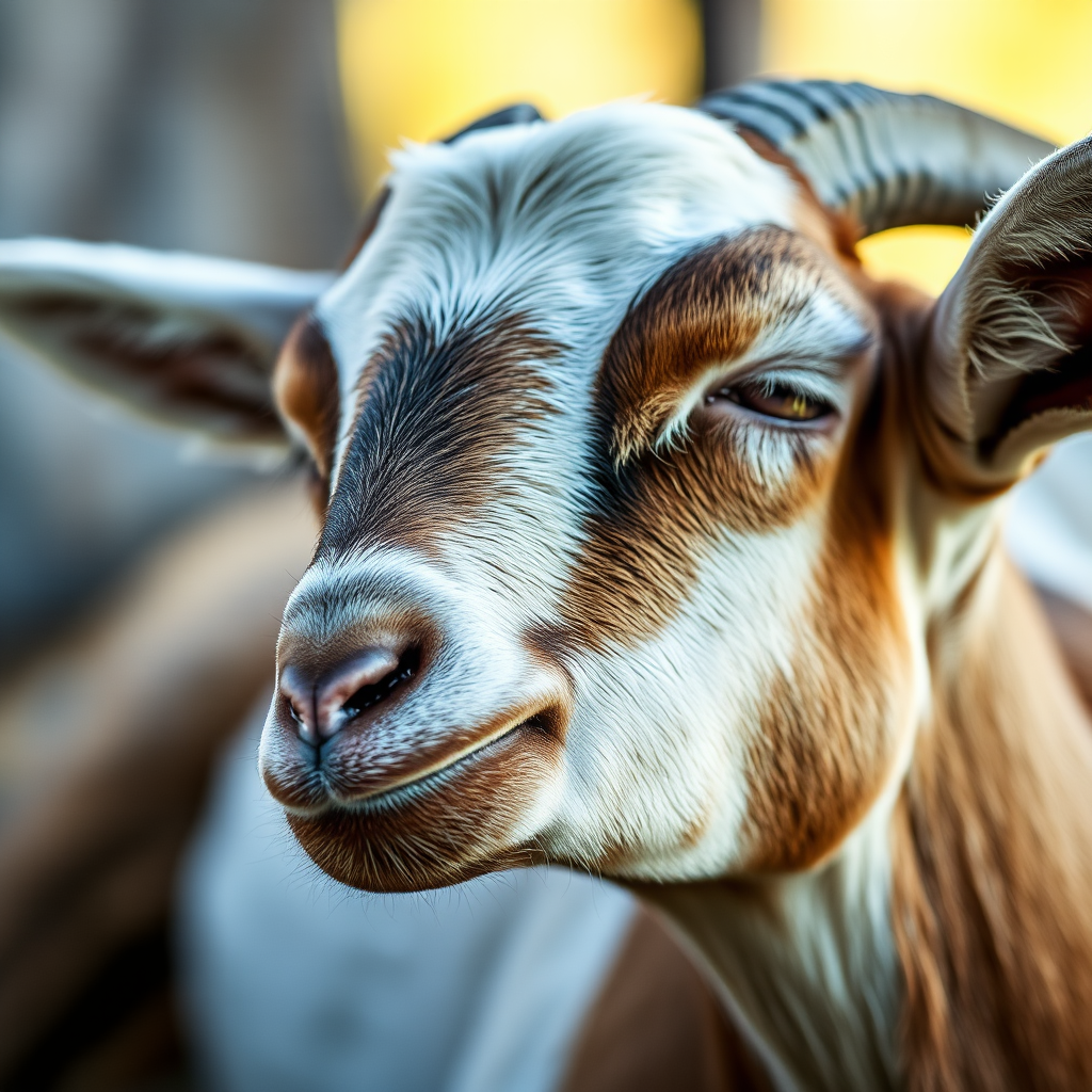 close-up of a sleeping goat in soft natural light, f/2.8, 50mm lens, ISO 200, shallow depth of field, Canon DSLR, macro photography style, capturing fine details and textures