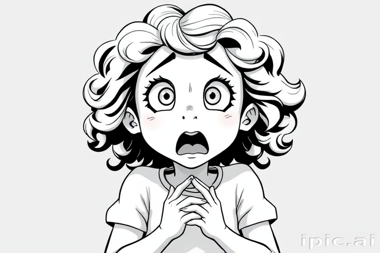 The image is a black and white illustration of a young girl with curly hair. She has a surprised expression on her face with her mouth open and her hands clasped together in front of her chest. Her eyes are wide and her eyebrows are furrowed. Her hair is styled in loose curls that are cascading down her back. The overall mood of the image is one of shock or surprise.