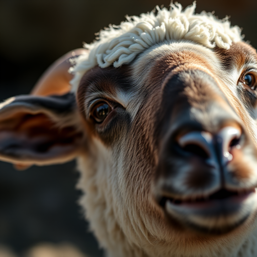 Close-up of a sheep with a detailed view of its wool and face, natural lighting, shallow depth of field, aperture f/2.8, ISO 100, 50mm lens, DSLR camera.