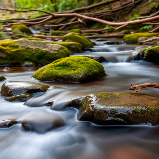 a serene flowing stream with smooth water over moss-covered rocks, surrounded by lush greenery and fallen branches, capturing the essence of nature's tranquility