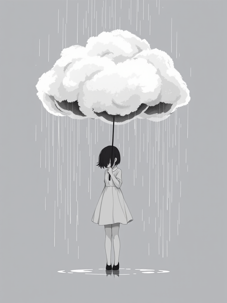 Create a high-contrast illustration of a girl standing under a large, fluffy cloud held by an umbrella, with raindrops falling around her, using a soft-focus lens at f/2.8, 50mm focal length, shot with a DSLR camera from a slightly low angle for a dramatic effect, in a minimalist black and white style.
