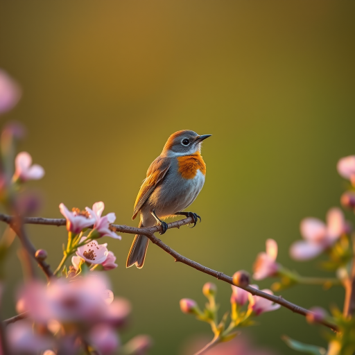 Create a high-resolution image of a bird perched on a branch surrounded by blooming flowers at sunrise, captured with a Canon EOS 5D Mark IV, 50mm lens, f/1.8 aperture, ISO 100, at golden hour for warm lighting and soft bokeh effect.