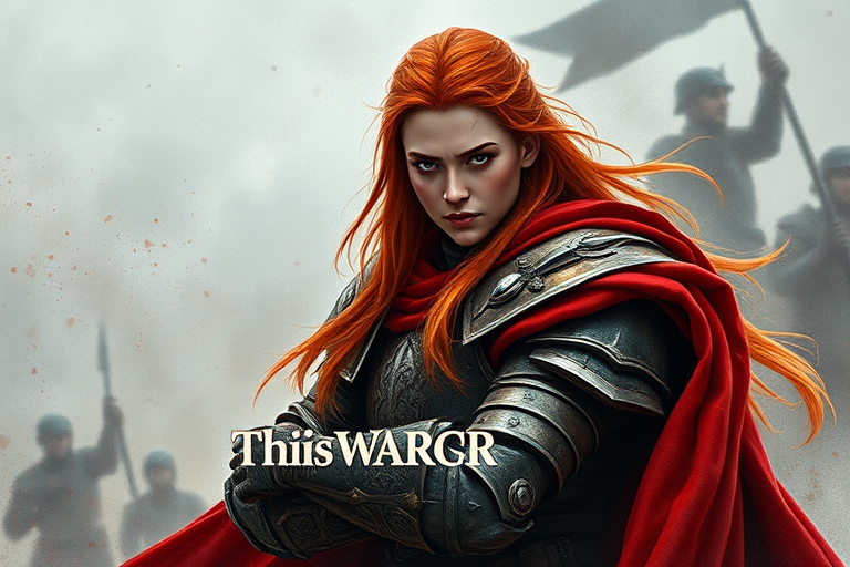 Create an image of a heroic warrior with long red hair and a red cape, wearing detailed armor, in a battle-ready pose against a dramatic watercolor background, shot with a DSLR camera at f/2.8, ISO 100, 50mm lens, with a shallow depth of field for a soft background effect.