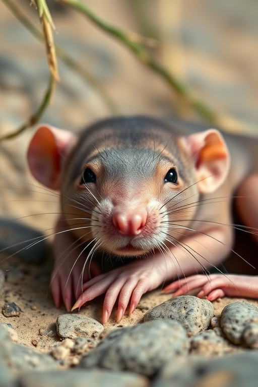 generate a hyper-realistic image of a naked mole rat lounging comfortably, focus on detailed textures of skin and whiskers, use a Canon EOS R5 camera with a 50mm f/1.2 lens, shoot in natural lighting from a low angle to emphasize its features, capture at ISO 100 with an aperture of f/2.8 for a shallow depth of field, maintain high resolution for clarity and detail.
