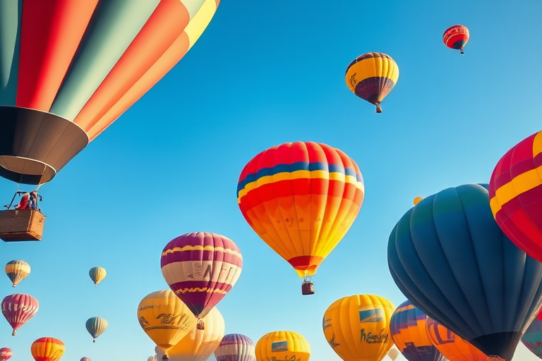 colorful hot air balloons soaring in a bright blue sky, watercolor style, shot with a Canon EOS R5 at f/8 aperture, ISO 100, 50mm lens, high dynamic range imaging for vivid colors and detail.