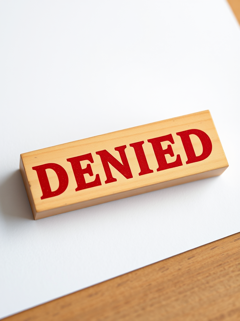 Create an image of a wooden stamp with the word "DENIED" in bold red letters prominently displayed on paper, shot with a Canon EOS 5D Mark IV, 50mm lens, aperture f/2.8, ISO 100, natural lighting for a clean and professional look.