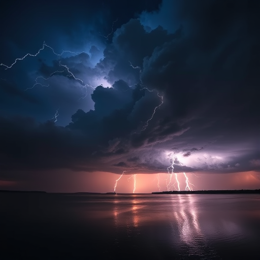 capture a dramatic thunderstorm over a calm lake with vivid lightning strikes illuminating dark clouds, using a Canon EOS 5D Mark IV, 24mm lens, f/8 aperture, ISO 100, 1/30 sec shutter speed, long exposure to enhance light trails and reflections in the water, twilight setting for rich colors and contrast