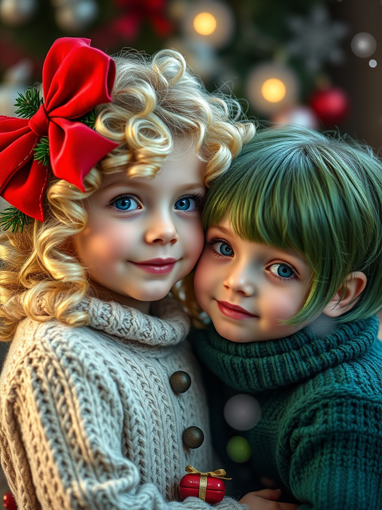 Create a highly detailed portrait of two whimsical girls, one with curly blonde hair adorned with a large red bow and festive decorations, and the other with short green hair, both surrounded by a dreamy holiday background, using a 50mm lens, f/1.8 aperture for shallow depth of field, soft lighting, shot with a high-quality DSLR camera for enhanced image clarity.