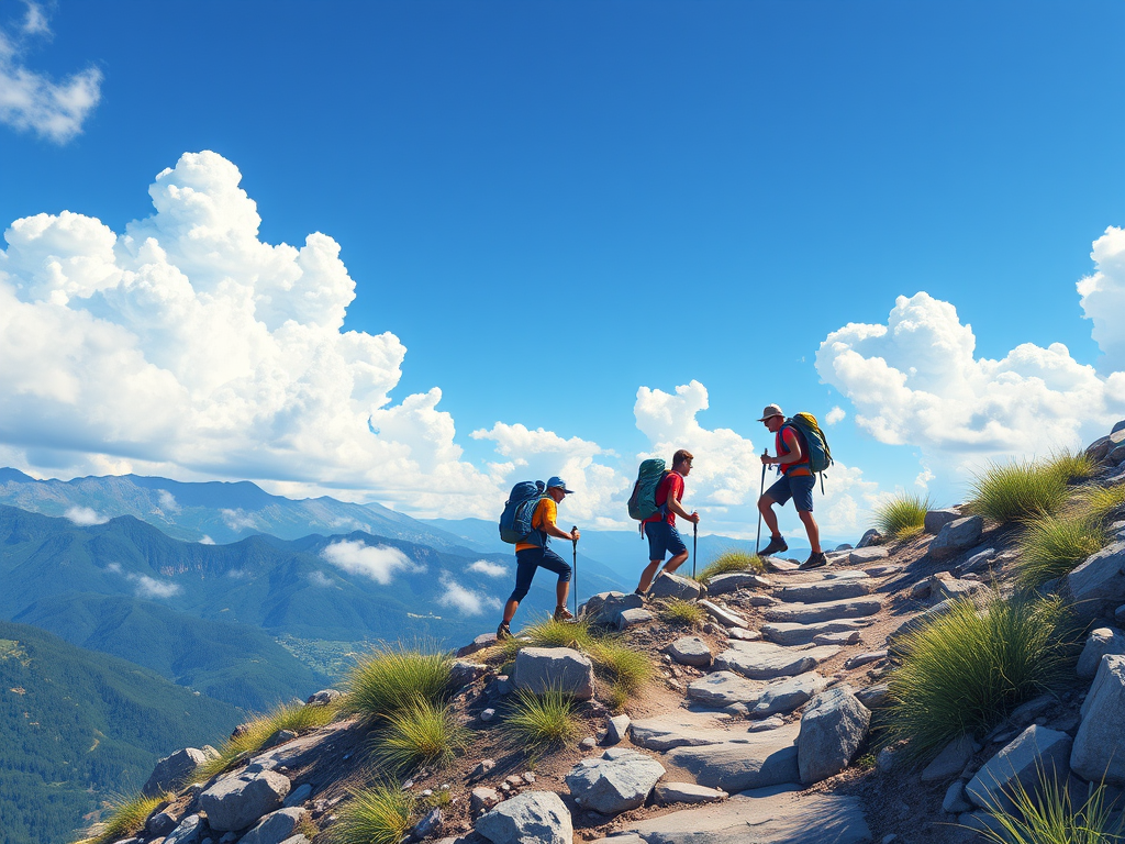 Create a vibrant illustration of three hikers on a rocky mountain trail under a bright blue sky with fluffy clouds, using a DSLR camera with a 24mm lens, f/8 aperture, and ISO 100 for high detail and clarity.