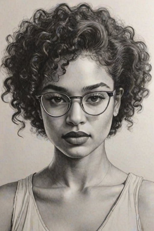 Gorgeous Indya Moore, pencil sketch, portrait of Enticing woman 1933s in glasses, hair style beatnik, outline, clear lines, fine lines, 8k