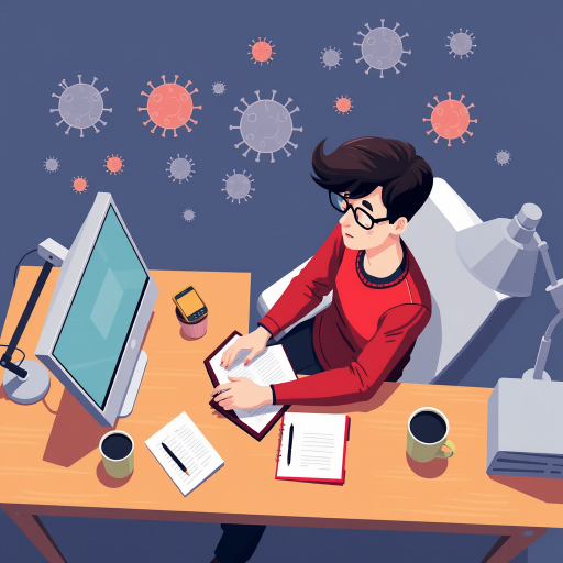 Create a high-resolution digital illustration of a person working from home at a desk, featuring a computer, notebook, and coffee cup, with a stylized background of floating virus icons, using a 50mm lens, f/2.8 aperture, ISO 200, and top-down view to emphasize the scene.