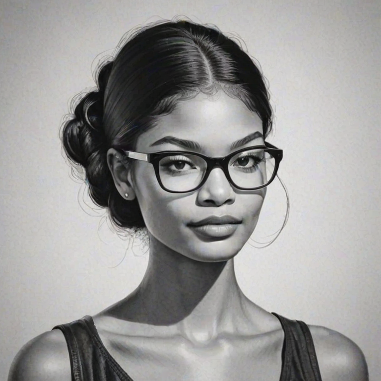 Fascinating Chanel Iman, pencil sketch, portrait of Attractive woman 1957s in glasses, hair style beatnik, outline, clear lines, fine lines, 8k
