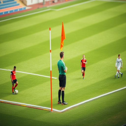 Create an image of a soccer referee standing near a corner flag on a bright green field during a match, captured with a DSLR camera, 50mm lens, f/2.8 aperture, ISO 200, 1/500 sec shutter speed, shallow depth of field, focusing on the referee while blurring the players in the background.