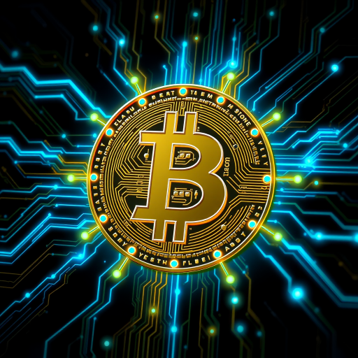 Imagine a Bitcoin symbol (₿) intricately designed as part of a futuristic, glowing circuit board. The ₿ is central, composed of metallic gold and silver lines, seamlessly blending into the web of circuits surrounding it. Blue and green LED-style lights trace through the circuits, making it look like Bitcoin is powering a digital network. The background is dark, with neon accents highlighting the tech vibe, symbolizing the digital and decentralized nature of Bitcoin
