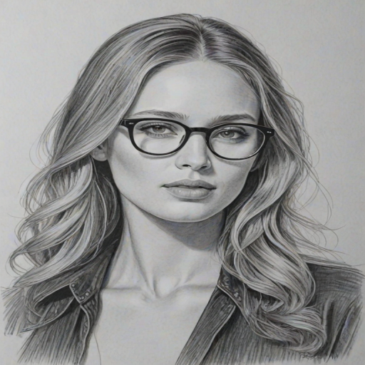 Bewitching Dylan Penn, pencil sketch, portrait of Enticing woman 1973s in glasses, hair style beatnik, outline, clear lines, fine lines, 8k