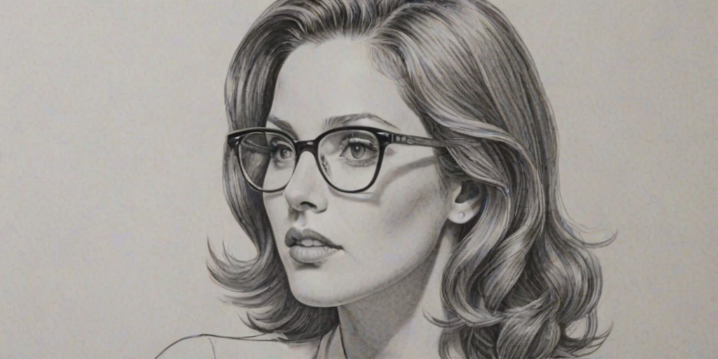Fetching Jill Wagner, pencil sketch, portrait of Graceful woman 1959s in glasses, hair style beatnik, outline, clear lines, fine lines, 8k