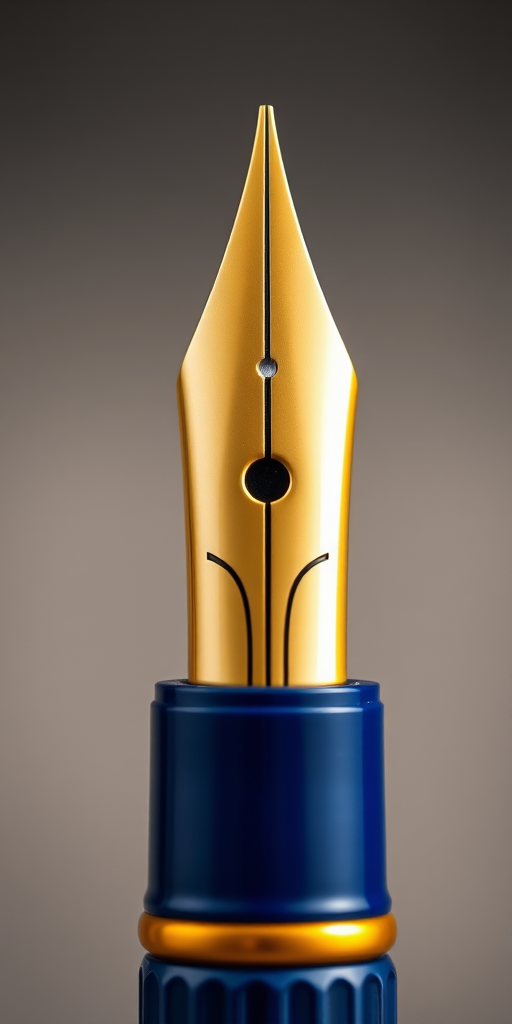 Create a high-resolution vector image of a blue and yellow fountain pen nib, with a clean and minimalist design, using a macro lens at f/2.8 aperture, 50mm focal length, natural lighting, and a soft bokeh background to enhance the details and colors.