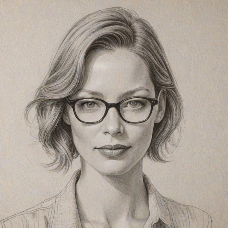 Radiant Sienna Guillory, pencil sketch, portrait of Delightful woman 1937s in glasses, hair style beatnik, outline, clear lines, fine lines, 8k