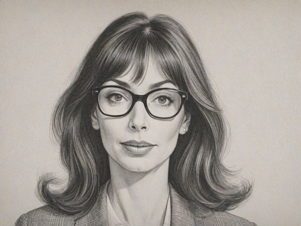 Attractive Illeana Douglas, pencil sketch, portrait of Splendid woman 1958s in glasses, hair style beatnik, outline, clear lines, fine lines, 8k