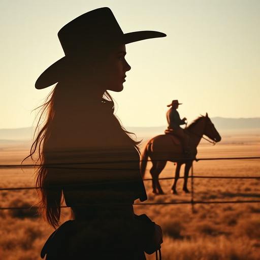 "Create a Double exposure", a silhouette "profile portrait of a young cowgirl" with long hair "superimposed" against a long shot of a cowgirl riding a horse across the plains, fantastic view, 32k, cinematic, hyper-realistic.