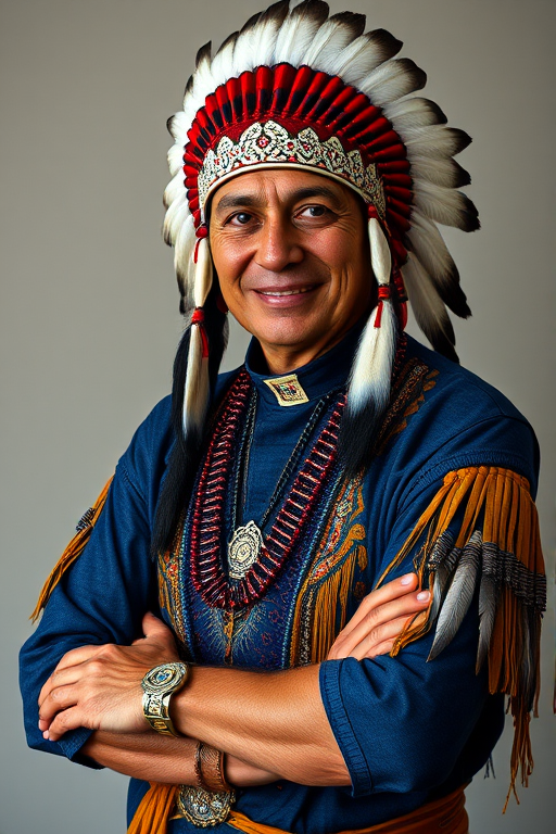 Create a dignified portrait of a Native American man dressed in traditional attire. He wears a beautifully crafted headdress adorned with white feathers and red beads, along with a beaded headband featuring intricate patterns. His clothing includes a deep blue, patterned shirt and a traditional chest piece with detailed beadwork. His arms are crossed, displaying leather armbands decorated with feathers. The background is simple and neutral, emphasizing his proud and stoic expression. The overall image captures the rich cultural heritage and strength of his persona.