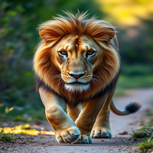 A majestic lion walking towards the camera, captured in natural light, with a shallow depth of field, using a DSLR camera with a 85mm lens at f/1.8, ISO 200, and shutter speed of 1/200s for enhanced image quality.