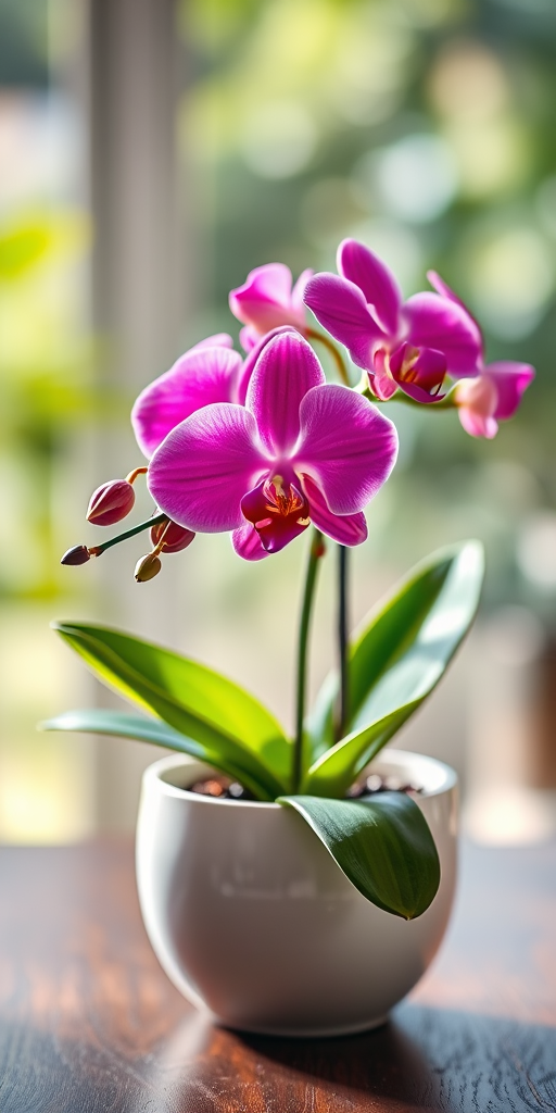 generate a high-resolution image of a vibrant pink orchid in a white pot with green leaves, taken with a DSLR camera, 50mm lens, f/1.8 aperture, ISO 100, natural light, shallow depth of field, soft focus background