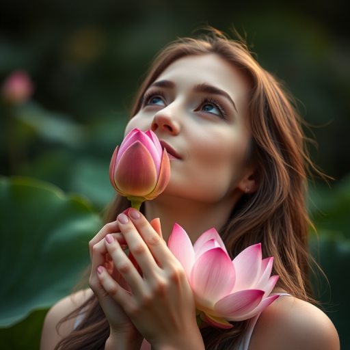Regenerate the image of a woman holding a lotus flower while gazing upward, shot with a 50mm lens at f/1.8, ISO 200, natural light, shallow depth of field, soft focus background, DSLR camera, portrait orientation.