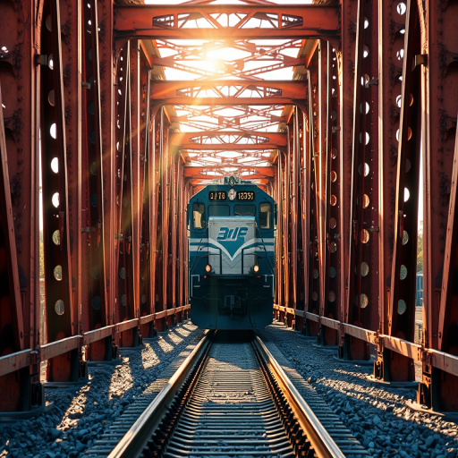 Generate a high-resolution image of a train approaching through a vibrant rust-colored iron bridge with streaks of sunlight filtering through, captured with a DSLR camera at f/2.8, 1/500s shutter speed, ISO 100, from a low angle for depth, using a 50mm lens.