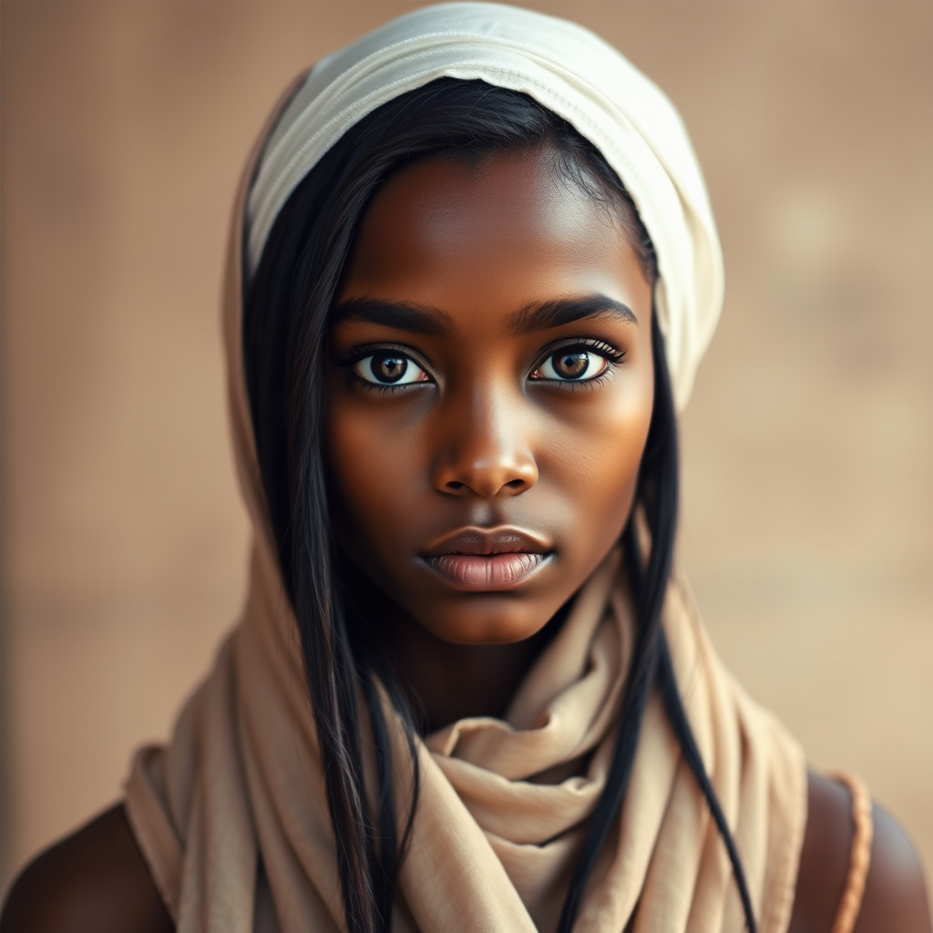 Create a portrait of a young Afro-Caribbean female with long, dark hair and captivating hazel eyes. She is wearing a white headscarf and a matching scarf draped gracefully around her neck. The background is softly blurred, focusing attention on her serene and natural expression. The overall color palette is muted and warm, enhancing the intimate and authentic feel of the portrait.
