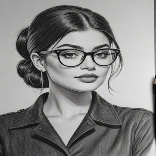 Bewitching Kylie Jenner, pencil sketch, portrait of Dazzling woman 1950s in glasses, hair style beatnik, outline, clear lines, fine lines, 8k