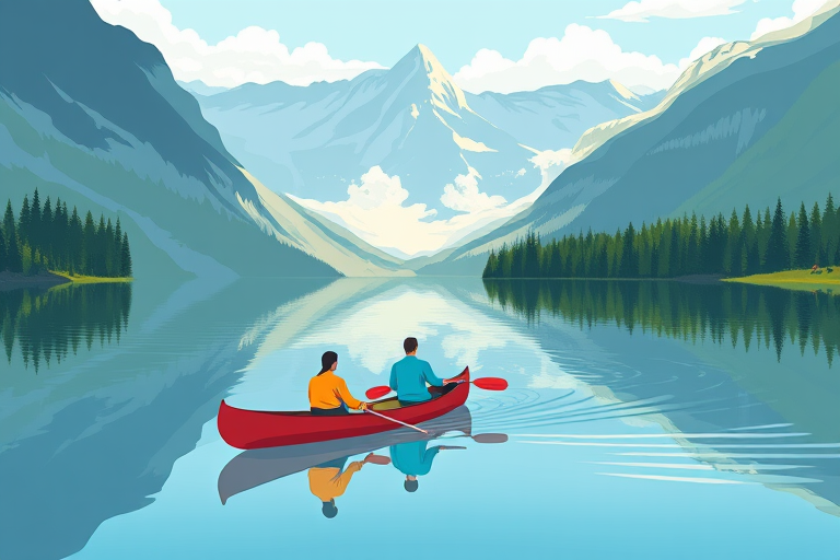Create an illustrated scene of three people canoeing in a serene lake surrounded by mountains and trees, captured with a Canon EOS R5 at f/8, ISO 100, 1/250s, wide-angle lens, vibrant color palette, flat design with minimalistic details.