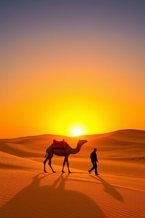 desert landscape at sunset with a silhouette of a camel and a person walking, golden sand dunes in the background, camera settings: ISO 100, aperture f/11, shutter speed 1/125s, camera view: wide-angle, camera style: HDR, camera type: DSLR