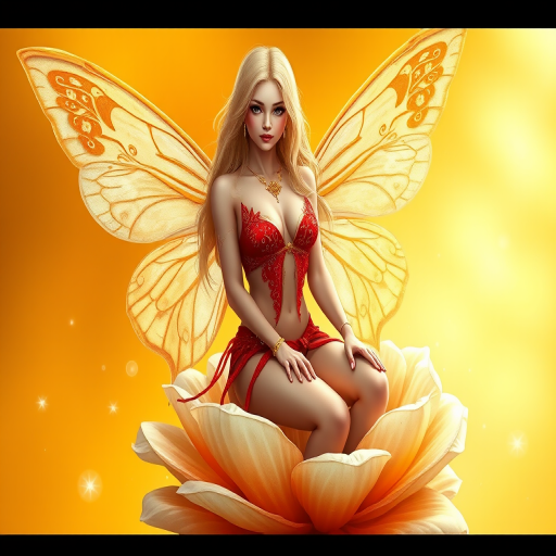 A digital artwork features a winged fairy with delicate Ivory butterfly wings, adorned with intricate Ochre and Spring patterns. She is seated on a vibrant Cream flower, wearing a revealing red two-piece outfit with sparkling beadwork. Her fair skin, long blonde hair, and gold jewelry add to her ethereal appearance. The background is a warm, golden gradient, creating a magical atmosphere. Small glowing orbs and sparkles surround the flower, enhancing the enchanting, highly detailed, and realistic scene.
